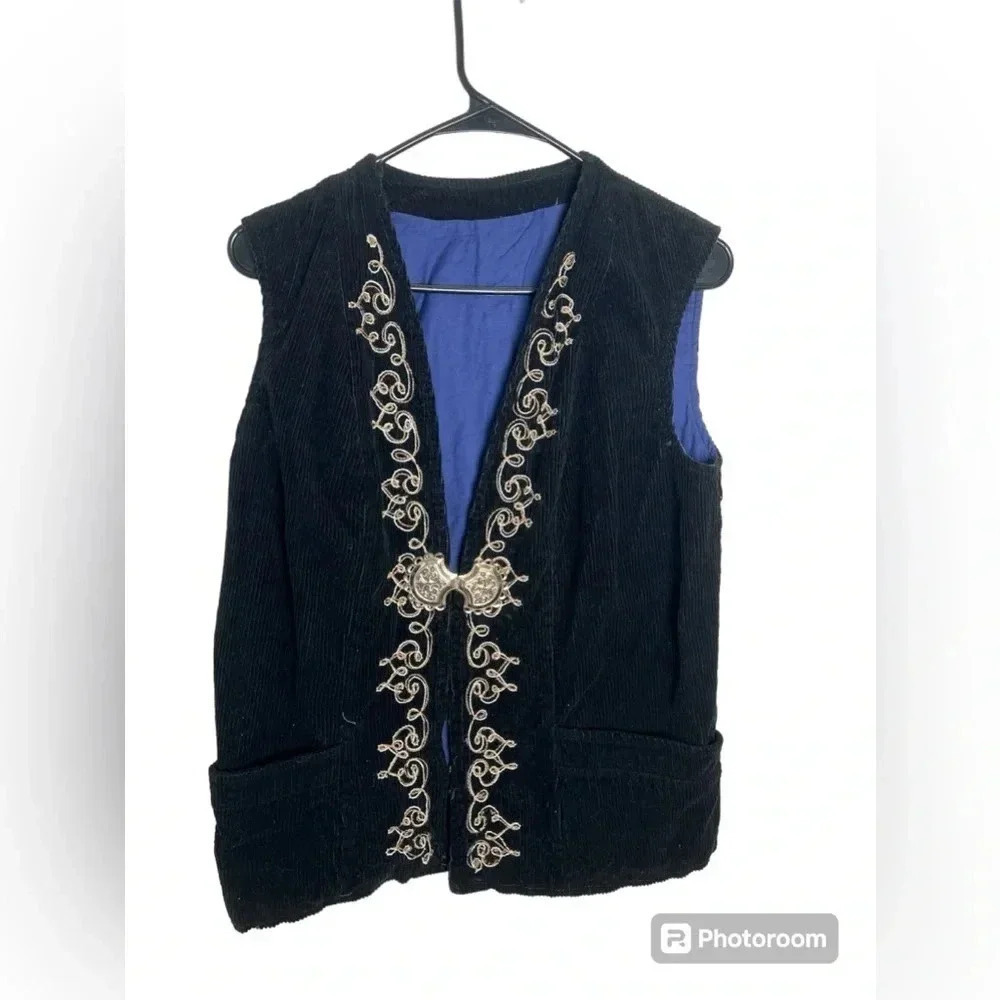 Vintage black Corduroy Vest with embroidery accent and metal center clasp